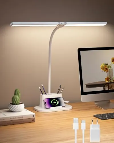 Ylatoial Flexo Escritorio de Doble Cabezal, 25 Modos Lampara Escritorio | Giratorio 360° Flexo Led Escritorio, Temporizador y Función de Memoria Lampara Escritorio LED, 47CM Blanco