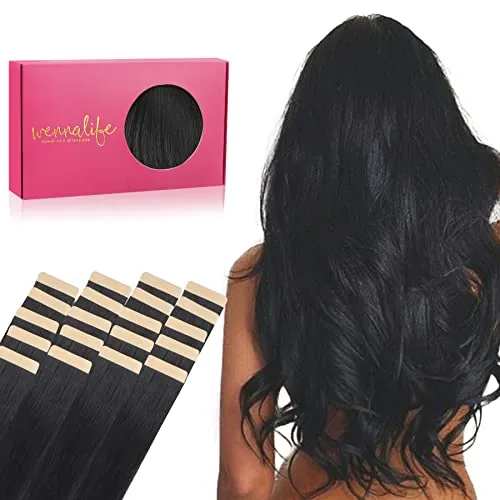 WENNALIFE Extensiones adhesivas de cabello real, 20 unidades, 30 g, 25 cm, color negro profundo, invisible, extensiones de cabello humano liso sedoso, extensiones de pelo auténtico