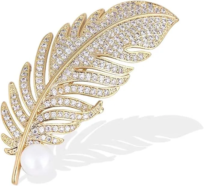 Broches, Broche Retro Plumas, Broche de Plumas de Diamantes de Imitación Brillantes, Broche Fiesta Moda Noble Plumas, para Fiestas, Banquetes, Boda Decorada Regalo de Damas(Dorado)