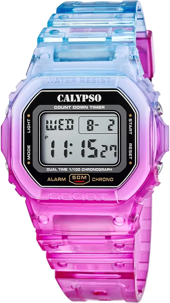 CALYPSO Reloj Digital Hombre y Mujer - Unisex de Caucho - Resistente al Agua 5 ATM Fecha y Calendario, Cronógrafo, Doble Horario, Luz, Alarma, 12 y 24 Horas K5874 - Color Splash