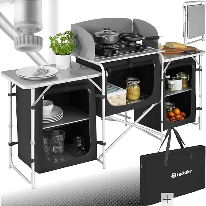 TecTake® Cocina de Camping Plegable Ligera con Bolsa de Transporte, Mesa y Armario de Cocina - Negro
