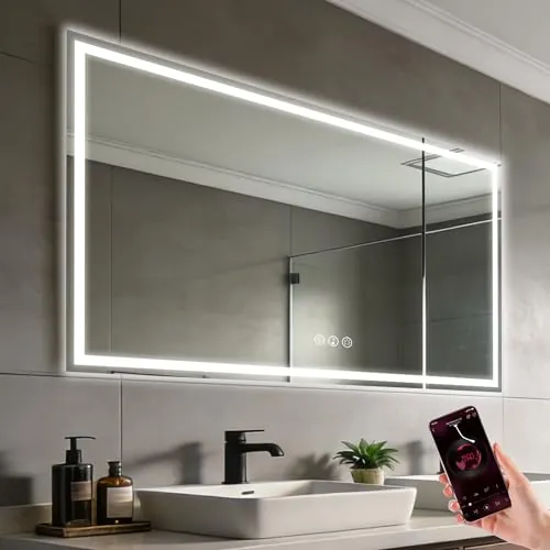 Simusi LED Espejo Baño con luz 80x150cm, Bluetooth, 3 Colores, Antivaho | Espejo de pared IP44, montaje horizontal y vertical, luz 3 colores regulable, vidrio templado, integrado para baño
