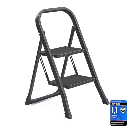 SONGMICS Escalera Plegable, Bloqueo de Seguridad, 2 Peldaños, Acero | Escalera Plegable Pequeña, 46,5 x 51,6 x 82,5 cm, 150 kg, Antideslizante, Cocina, Negro, Colección Brody, GSL012BZ01