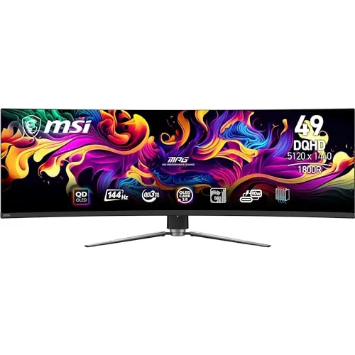 MSI MPG 491CQPA QD-OLED Monitor Curvo de 49 Pulgadas DQHD Gaming - 1800R, 5120 x 1440 Quantum Dot OLED Panel, 240Hz/0.03ms, 99% DCI-P3, ΔE ≤2,DisplayHDR True Black 400, KVM - DP 1.4a, HDMI 2.1