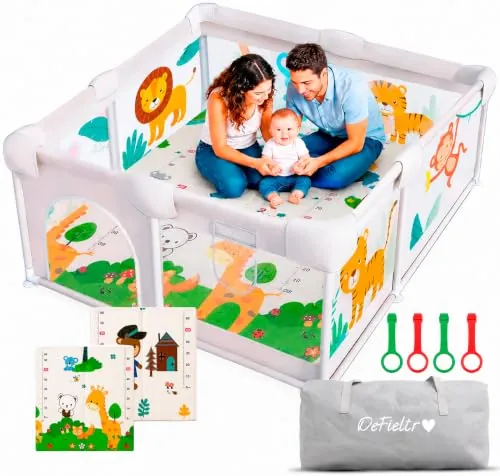 DeFieltro Parque Infantil Bebe 120x120 - Corralito Bebe con Malla de Animales Transpirable - Corral Plegable Baby ANTIDESLIZANTE - Alfombra Acolchada + 4 Anillas + Bolso de Transporte
