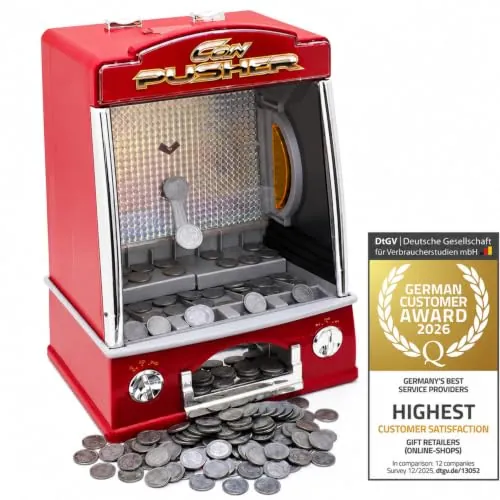 GOODS+GADGETS® Máquina Tragamonedas con Luces y Sonido Casino | Coin pusher empujadora de monedas - efecto Las Vegas en casa - ideal como regalo para adultos