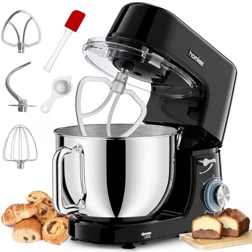 Batidora Amasadora Homlee,2000W Amasadora de Pan, 7.2L Robot de Cocina Batidora Multifunción,Bajo Ruido Amasadora Reposteria Varillas y Protección Para Salpicaduras 6 Velocidades(Negro)
