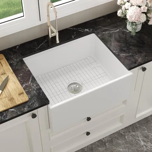 DeerValley Estación de Trabajo para Fregadero de Cocina Estilo Granja, 24 Pulgadas, Delantal de Arcilla Refractaria Blanca, Fregadero de Granja Frontal, Fregadero de un Solo Tazón Profundo