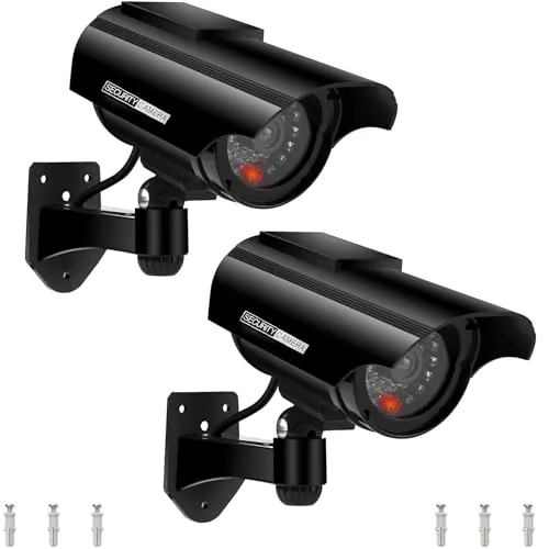 E-HORDE Cámara Ficticia CCTV con Energía Solar Cámara de Vigilancia Falsa Ficticia, Cámara de Vigilancia CCTV Falsa Realista con LED Parpadeante, para Interior y Exterior (Negro-2)