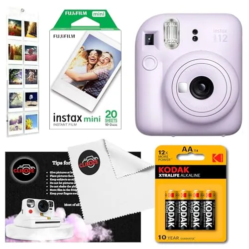 Paquete de cámara instantánea con cámara Fujifilm Mini 12 lila, mini película de 20 disparos, 4 pilas AA, álbum de pared, paño de lente Clikoze y tarjeta de consejos de fotografía instantánea