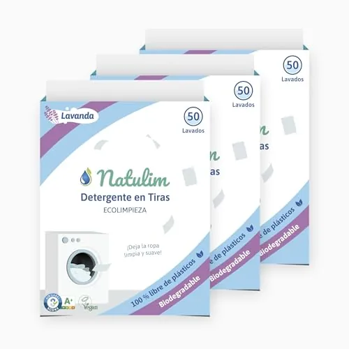Natulim - Detergente en Tiras para Lavadora (150 Lavados) - Incluye efecto Suavizante, Ecológico, Hipoalergénico, Made in Spain - Ropa limpia y suave sin ensuciar el Planeta (Lavanda) - 3 Pack