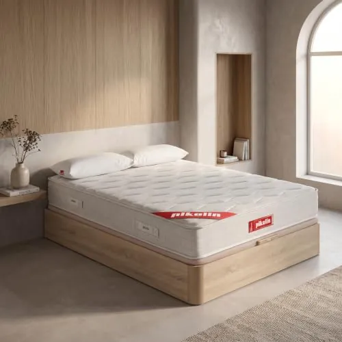 PIKOLIN Pack Colchón Viscoelástico Espuma HR + Canapé Base Abatible de Madera y Almohada de Visco | 150x190 | Natural | Montaje + Retirada Usado Incluido