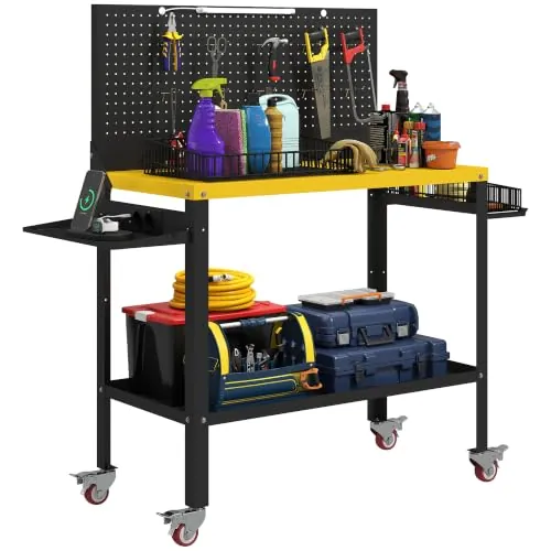 HOMCOM Banco de Trabajo con Ruedas 128x49,5x127,5 cm Negro y Amarillo