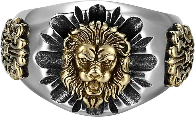 IMINI Anillo abierto de león gótico, joyería punk, plata y oro, dos tonos, cabeza de animal, para hombres y mujeres, tallas ajustables S a V 1/2, regalo vintage de motociclista hip hop
