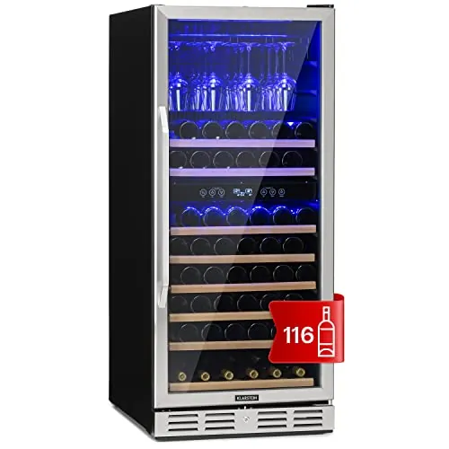 KLARSTEIN Vinoteca para Vinos, de 306L Nevera Vino Zona Doble, Botellas Vino, Proseco y Cervezas, Vinoteca Pequeña Puerta Cristal para Interior y Exterior, Nevera Vinos Capacidad 116 Botellas