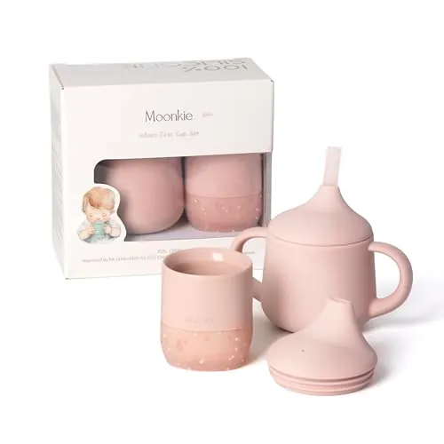 Moonkie Vaso Aprendizaje Bebe, Juego de Taza Silicona 60 ml & Vaso Antiderrame de 3 Etapas 120 ml, Vaso Agua Bebe 4 Meses +, sin BPA, 6~12 Meses, Apto para Lavavajillas(Juego de Blush)