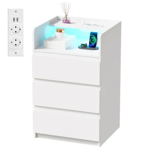ANWBROAD Mesitas de Noche Modernas con Ajustable Tira de Luces LED, Blanco