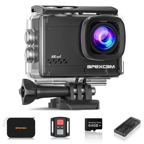 Apexcam Cámara Deportiva 4K60 EIS con Tarjeta de Memoria de 64GB WiFi Cámara subacuática Impermeable 40M Action Camera Gran Angular 2.4G Remoto 2 baterías de 1350mAh y Accesorios Multiples