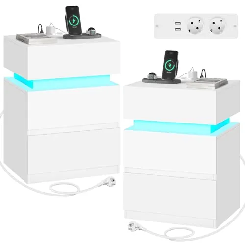 WOLTU Juego de 2 Mesitas de Noche con Estación de Carga y Luz LED, Mesas Auxiliares con 2 Cajones, 2 Tomas AC y 2 Puertos USB, para Dormitorio o Salón, Color Blanco, 35x40x55 cm, NTS23ws-2