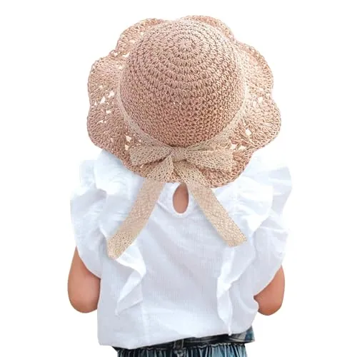 Winmany Sombrero Paja para Bebé Niña Gorra Verano con Lazo Plegable Sombreros Protección Solar para La Playa 2 a 6 Años (FR/ES, Letras, Talla única, Niñas pequeñas, Rosa)