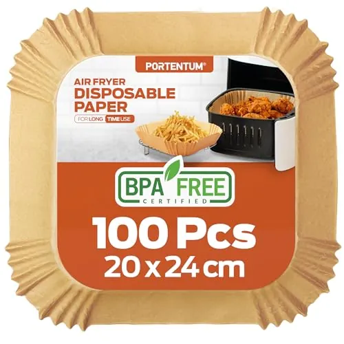 PORTENTUM Papel freidora aire 100 unidades de 20-24 cm Cuadrado. Para Air Fryer, Grado alimenticio con triple certificación BPA free, FDA y LFGB