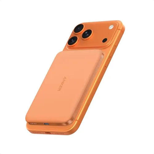 Anker Nano Certificado Qi2 15W Power Bank Magsafe ultradelgada de 5000 mAh, Cargador portátil Compatible con MagSafe,diseño ergonómico, para iPhone 17/16/15/14, Naranja