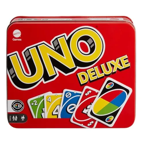 Mattel Games UNO Deluxe en Caja metálica, Juego de 108 Cartas para familias, niños y Adultos, 2-10 Jugadores, Partir de 7 años, (Mattel K0888)