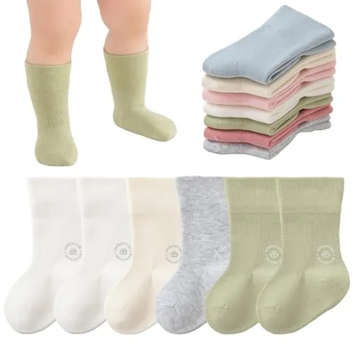 Delgent Bebés Calcetines de Algodón 6 Pares Colores sólidos Calcetines elásticos y suaves Niños Niñas(L:2-4 años,Verde)