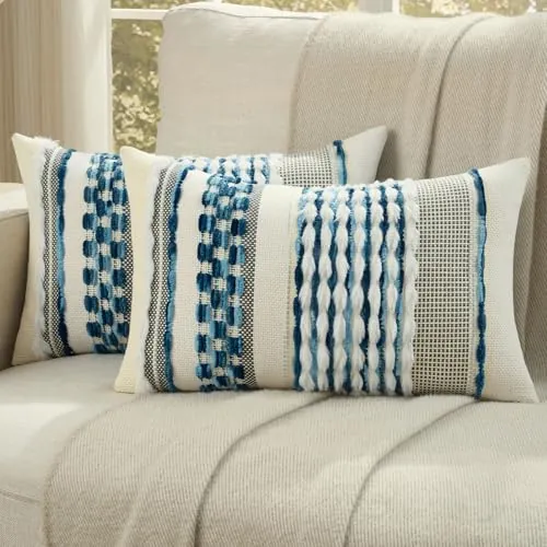 Ystyle Juego de 2 Boho Funda Cojin 30x50, Fundas Cojines Decorativa con Rayas y Textura Tufted Suave, Fundas de Cojines para Decoración del Hogar Sofá Dormitorio, Azul Marino