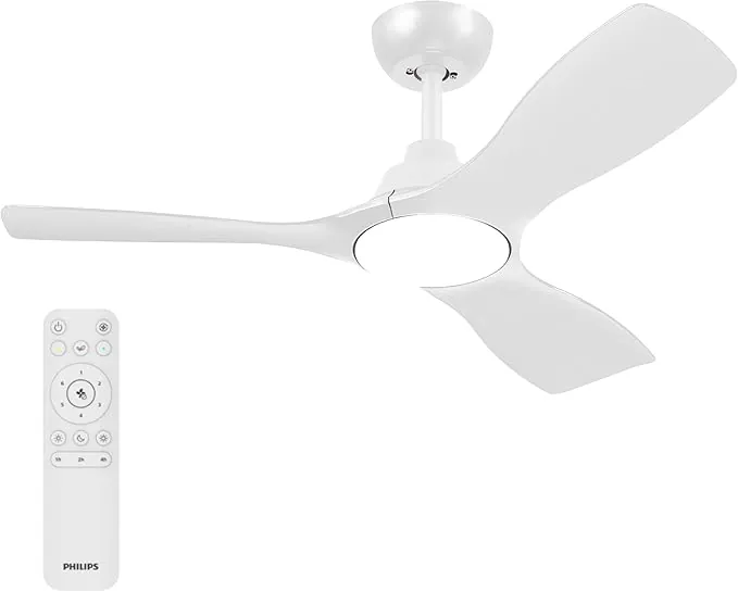 Philips Olas Ventilador de Techo con Luz LED, 3 aspas Fijas, Diámetro 107 cm, 2650 Lúmenes, Luz Blanca Ajustable de 3000 K a 6500 K, Regulable al 5%, Mando a Distancia Incluido, Blanco
