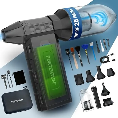PORTENTUM 3 en 1 Soplador de Aire Potente 180 km/h – Aspirador Coche Potente 25 kPa – Linterna LED Doble – Set de 25 Que Incluye 6 boquillas y 13 cepillos – Pistola Aire comprimido hasta 115 min