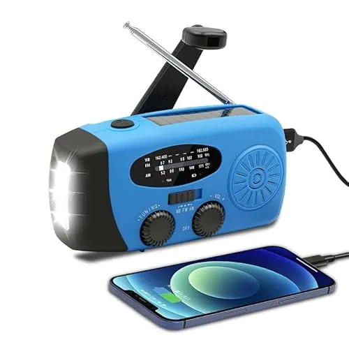 Radio Solar de Emergencia con Manivela Portátil, FM/AM 2000mAh 3 Modos de Luz LED Linterna, Carga Solar USB-C y Manivela, Resistente al Agua Ideal para Camping Viajes Supervivencia y Cortes de Energía