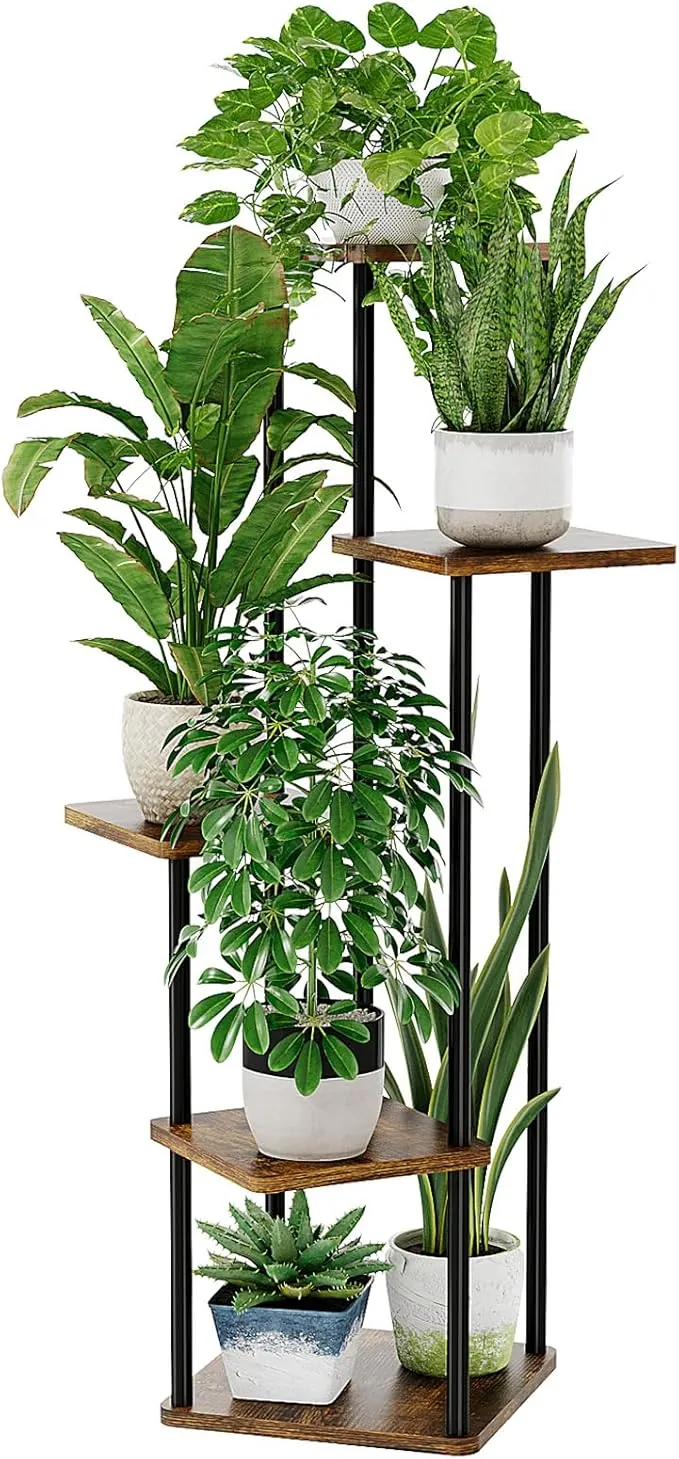 Bamworld Soporte Esquinero para Plantas de Interior Estante de Metal de 5 Niveles para Múltiples Plantas Soporte Alto para Flores para Patio, Jardín, Balcón, Sala de Estar, Dormitorio (Marrón)