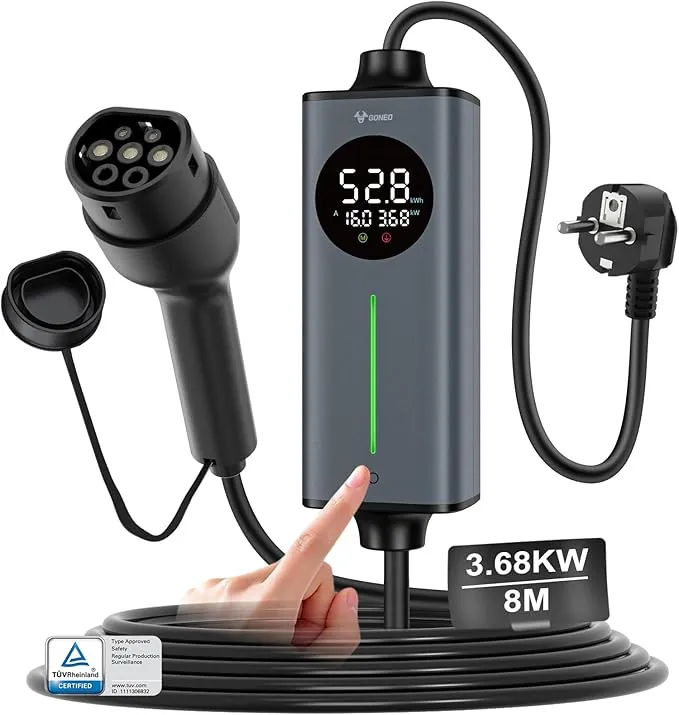 GONEO Cargador Coche electrico schuko Tipo 2 monofásico 16A 3,68kw 8M | Sensor de Temperatura y Tierra detección | AC 30mA+DC 6mA Protección | Tiempo y Corriente Ajustables,portátil estación de Carga