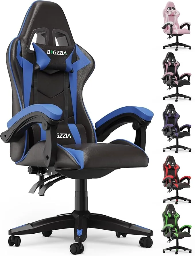bigzzia Silla Gaming,Silla Ergonómica de Oficina en Cuero PU,Regulable en Altura con Soporte Lumbar y Reposacabezas,Respaldo Reclinable 155°,Silla Gamer Adulto Niño(Azul)