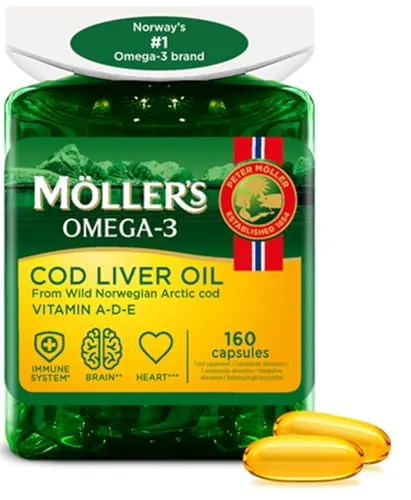 Möller’s ® | Cápsulas de aceite de hígado de bacalao | Ácidos grasos Omega-3 DHA y EPA, con vitaminas A, D y E | Sistema inmune, función cardíaca, función cerebral y visión | 160 cápsulas