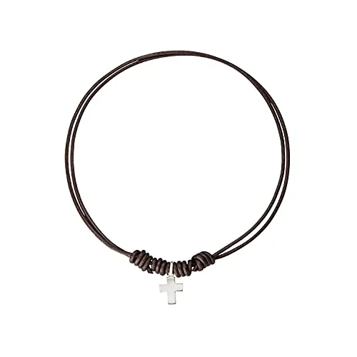 Kokomorocco - Colgante religoso Cruz de Plata - Cordón de Cuero marrón Ajustable - Plata de Ley