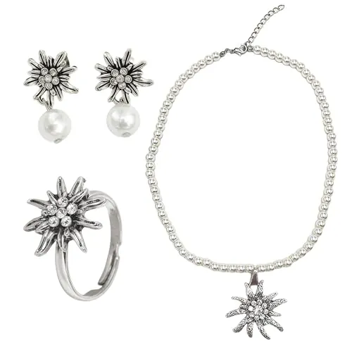 GWAWG Juego de 4 collares de Edelweiss para Oktoberfest, collar elegante de Edelweiss, anillo y pendientes, cadena de clavícula, gargantilla para el Oktoberfest, circonita creada
