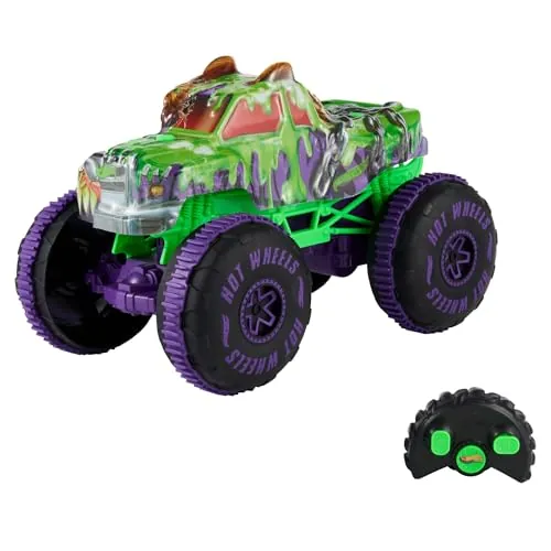Hot Wheels Monster Trucks Mutant Chaos Wreckin’ Wolf Vehículo RC | Vehículo de juguete teledirigido a pilas 1:15, neumáticos todoterreno y acrobacias wheelie, JMM77