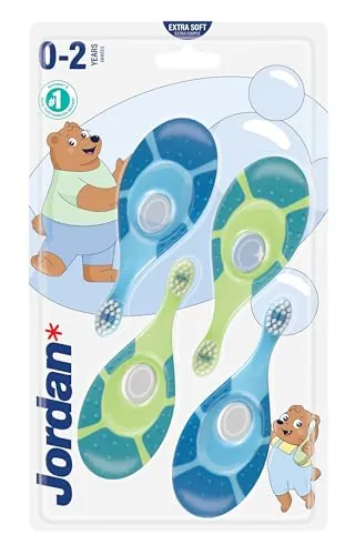 Jordan ® | Step 1 | Cepillo de dientes para bebé 0-2 años | Original con cerdas extra suaves, anillo de mordida suave para encías y fácil agarre | Pack 4 Unidades | Azul y verde