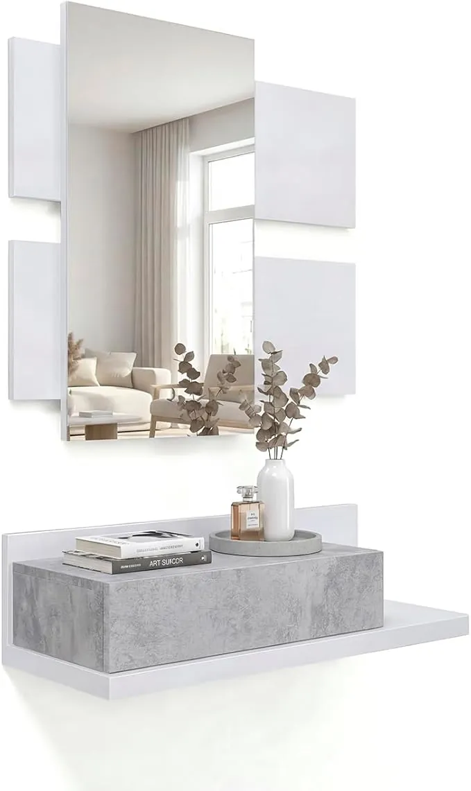 duehome | Recibidor con cajón y Espejo, Mueble de Entrada, Modelo Milo, Acabado en Blanco Artik y Cemento, Medidas: 75 cm (Largo) x 29 cm (Fondo) x 116 cm (Alto)