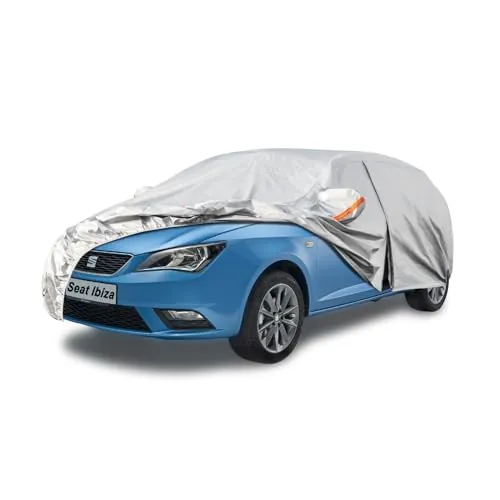 Kayme Funda Coche Exterior, Compatibles con Seat Ibiza (1993-2025), Cubierta para Coche Impermeable Transpirable Anti-UV Antipolvo de 6 Capas, Cubre Coche con Cremallera y Forro de Algodón.