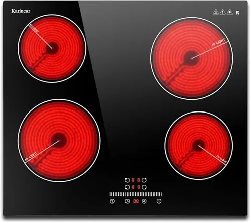 Karinear Placa Vitroceramica 4 Fuegos, Función Pausa, Control Deslizante, 9 Niveles de Potencia, Bloqueo de Seguridad, Vitrocerámica 60 CM, 220 V ~ 240 V, 6000 W, Sin enchufe