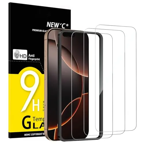 NEW'C 3 Piezas, Protector Pantalla para iPhone 17, 17 Pro, iPhone 16 Pro (6,3″), Cristal templado con herramienta de instalación fácil incluida, Antiarañazos, Antihuellas, Dureza 9H, Ultra Resistente