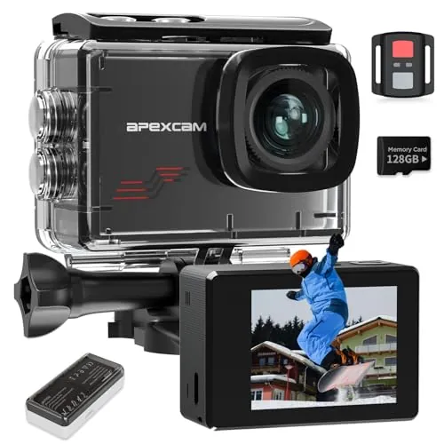 Apexcam M80 4K60FPS Cámara Deportiva EIS con 128G Tarjeta 48MP Cámara de Acción Cámara Subacuática Impermeable 40M con 8X Zoom y Pre-grabación 2 * 1350 Baterías Kit Accesorios