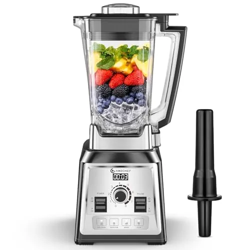 AMZCHEF Profesional Batidora, 2000 W batidora eléctrica con 4 funciones de un botón y 8 velocidades ajustables y función pulsaciones, batidora con 8 cuchillas de acero inoxidable – 25 000 rpm