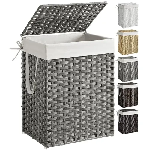 SONGMICS Cesto de Ropa Sucia, 90 L, Ratán Sintético, con Tapa, Plegable