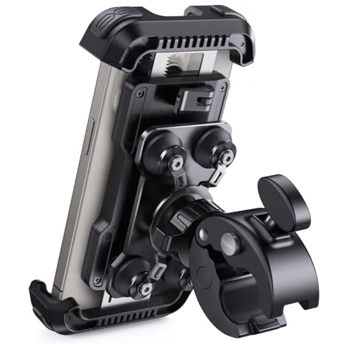 Lamicall Soporte Móvil Moto Antivibración - [con Doble Amortiguador] 360°Rotación, 1S Liberación con un Botón, Soporte Teléfono Bicicleta para iPhone 17 16 15 14 13 Series, Huawei, 4,7-6,8” Smartphone