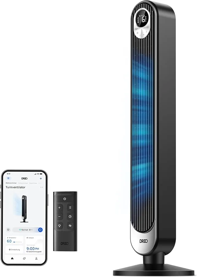 Dreo Ventilador de Torre con WiFi Alexa, Ventilador Silencioso de Pie Para Dormir con Mando a Distancia, 8,53 m/s de Velocidad, Oscilante de 90° con 9 Velocidades, 4 Modos, Temporizador de 12 Horas