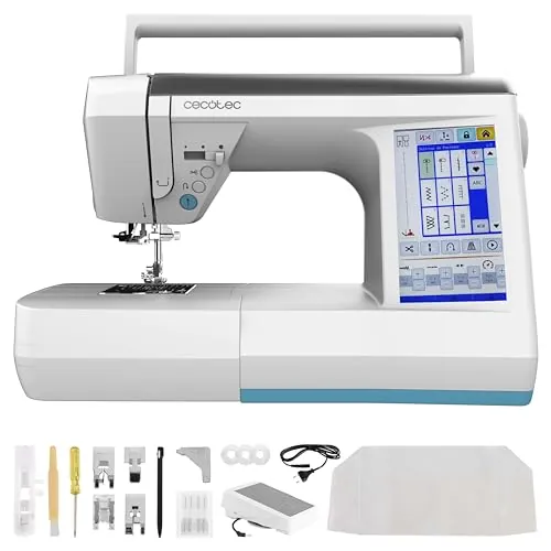 Cecotec Máquina de Coser Digital BelleCouture 36000 Control. Pantalla Táctil 7", 360 Puntadas, PedalFree, Enhebrado Automático, Luz LED, Cortador de Hilo, Aguja Arriba/Abajo, Kit Accesorios Completo